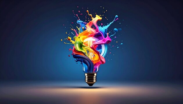 Light bulb with colorful paint splash explosion on dark background.