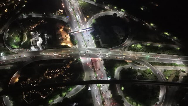 Aerial Night Shot Noida Agra Highway Flyover at Okhla bird sanctuary in Noida, Uttar Pradesh