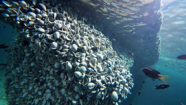 Calm turquoise underwater scene where sunlight filters through water to reveal a pier piling encrusted with shells and small fish leisurely swimming around it