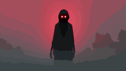 Silhouette figure with red eyes against red sky