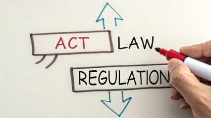 Hand writing on whiteboard with text on act law regulation, concept of legal compliance and governance in business environment