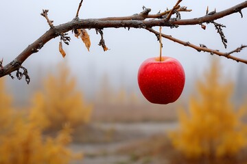 Red apple hanging on bare branch in foggy autumn landscape