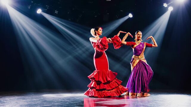 Two elegant female dancers one in a vibrant red flamenco dress, the other in a purple saree perform a mesmerizing multicultural duet under dramatic stage spotlights