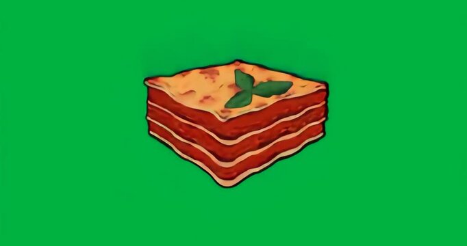 Light changing lasagna slice tilting and revealing cheese and basil over transparent backdrop