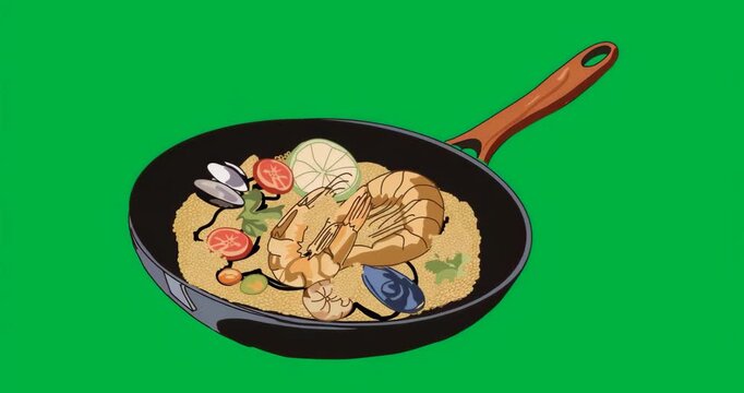 Opening frame showing stylized black pan resting against transparent backdrop, showcasing paella
