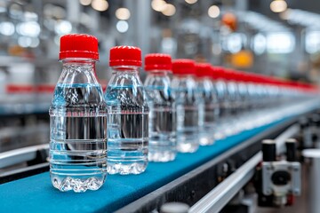 Bottled water production line with red caps in a modern factory setting