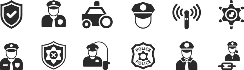 Police icons, law enforcement symbols, officer badge, patrol car, security shield, dispatch radio, surveillance, uniformed personnel, sheriff star, administrative role, verified protection