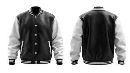 Front and back view of a classic varsity jacket isolated on transparent background