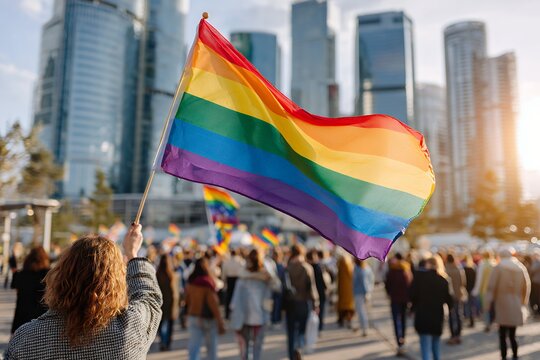 Crowd of adults marching with lgbtq+ flag in urban setting
