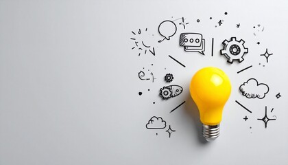 Yellow light bulb surrounded by doodle icons of gears, rocket, cloud, and symbols, representing creativity and innovation.
