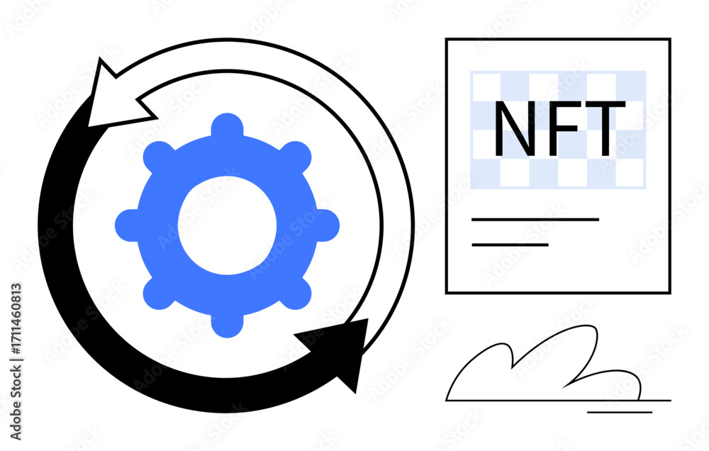 Aufkleber gear inside circular arrows beside an nft concept document. ideal for blockchain, nft process, innov