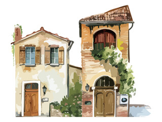 Charming European Streetscape with Colorful Homes and Lush Greenery. Watercolor Vector illustration
