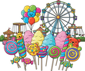 Colorful carnival treats and rides with balloons and ferris wheel