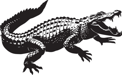 Obraz premium Powerful Alligator Illustration: A bold, monochromatic illustration captures the raw power of a large alligator with its jaws agape. showcasing its rugged skin texture and menacing gaze.