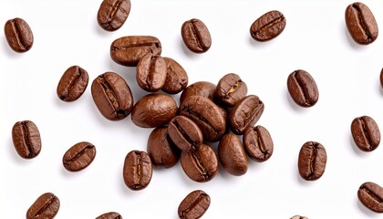 Naklejka premium Scattered coffee beans on white, symbol of energy and ritual