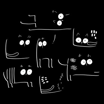Flat Illustration of black cats doodke art style black bacgrounf