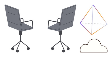 Two office swivel chairs face away, joined by a prism-thumbs up geometric structure and a soft cloud outline. Ideal for collaboration, workspace, technology, creativity, innovation, design