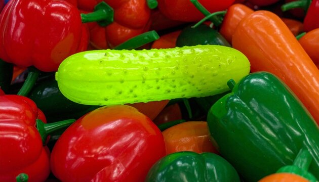 Assortment of colorful plastic toy vegetables: red peppers, green peppers, orange carrots, and a yellow-green cucumber, arranged in a close-up, studio setting.