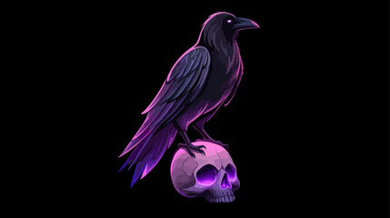Raven perched on skull vibrant colors