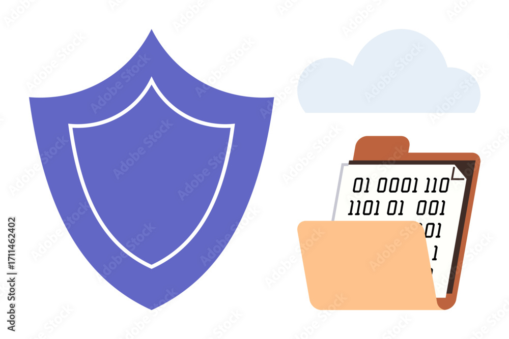 Poster shield symbolizing protection, cloud icon, and encrypted file in folder represent cybersecurity, dat