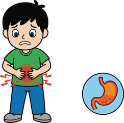 Cartoon child with stomach pain, red highlight and digestive diagram, distressed expression, educational health illustration, kids medical symptom concept, white background