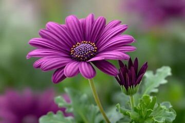 Obraz premium Vibrant purple daisy with buds in close-up blooming flora scene