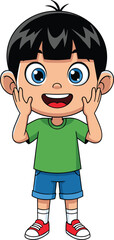 Cartoon child surprised expression, hands on face, cheerful character, emotional reaction, isolated white background, playful vector illustration, kids excitement concept