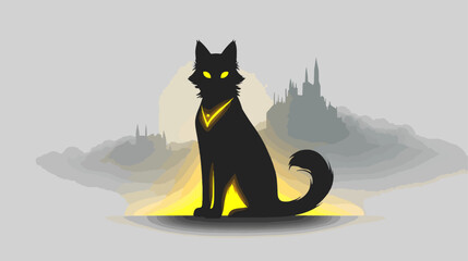 Majestic black cat silhouette with yellow light