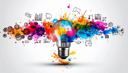 Colorful light bulb with STEM icons, symbol of creative innovation.