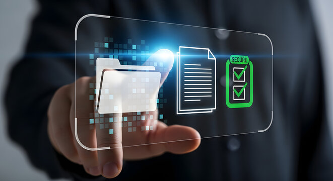 A person's finger touches a transparent screen displaying a folder, documents, and a checklist, representing file management and digital organization.