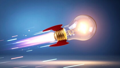 Rocket-shaped light bulb with glowing trails on blue gradient background.