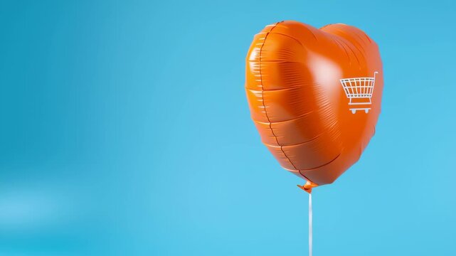 Orange heart balloon with shopping cart symbol expressing consumer confidence and joyful retail shopping emotion on blue background