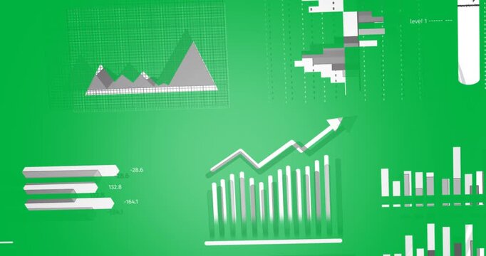 Flat charts appearing while blocks rising and donut charts updating and graphs sliding into view