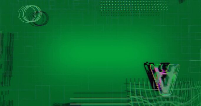 Frame 1 rings appearing triggers glitch letter V pulsing on transparent grid flickering matrix loop