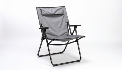 Black folding chair with padded seat, armrests, and headrest&mdash;portable outdoor comfort.