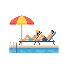 A man and a woman are relaxing on lounge chairs by a swimming pool under a red and yellow umbrella.