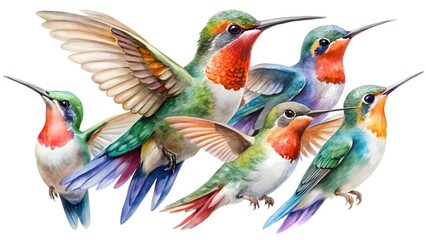 Watercolor painting of six colorful hummingbirds isolated on white background, vibrant and detailed illustration