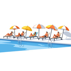 Several people are relaxing on lounge chairs by a pool under colorful umbrellas, enjoying the sun and leisure.