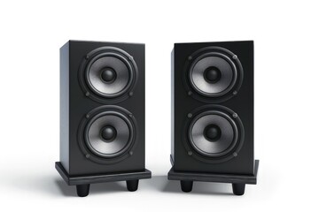 Obraz premium Two black speakers with dual drivers, designed for audio playback.