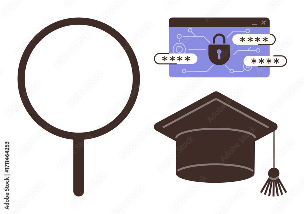 Poster magnifying glass, secure login interface with password lock, and graduation cap representing knowled