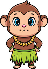 Cartoon monkey in green grass skirt, tropical necklace, smiling expression, blue eyes, playful island character, kids illustration, cultural costume, white background