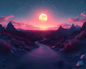 Pink Sunset Mountainscape Digital Illustration