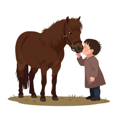 A tender illustration depicts a young child affectionately kissing a brown pony, showcasing a bond of friendship and love in a heartwarming scene.