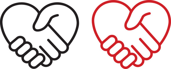 heart, handshake, love, care, partnership, agreement, connection, relationship, symbol, icon, outline, black, red, white background, gesture, unity, support, trust, cooperation, design, element