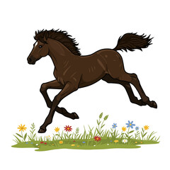 A playful brown cartoon foal joyfully gallops over a vibrant patch of green grass adorned with colorful wildflowers, depicted in a whimsical illustration style.