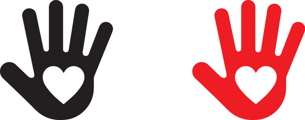 hand, icon, symbol, heart, love, care, support, red, black, white background, graphic, design, illustration, gesture, palm, fingers, print, silhouette, solidarity, unity, charity, kindness, help, frie