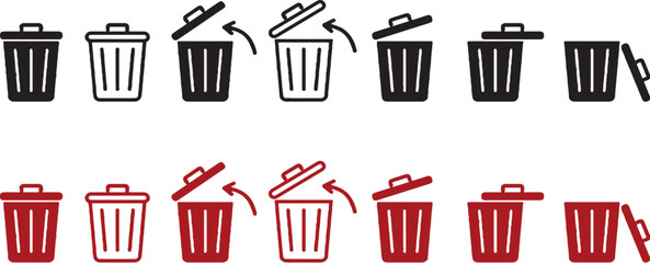 trash can, bin, garbage, waste, disposal, recycle, container, icon, symbol, animation, sequence, opening, lid, closed, open, black, red, white background, isolated, graphic, design, vector, clean up, 