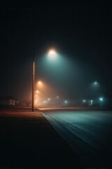 Foggy night street scene, light poles