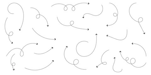Fototapeta premium Set of black dotted arrows in doodle style. Broken arrows in the form of a loop. Flow direction. Pointers to the wire, up, down. Curved line. Symbolizing direction, navigation, progress, movement.ES10