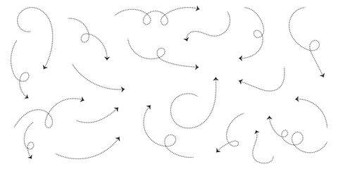 Set of black dotted arrows in doodle style. Broken arrows in the form of a loop. Flow direction. Pointers to the wire, up, down. Curved line. Symbolizing direction, navigation, progress, movement.ES10